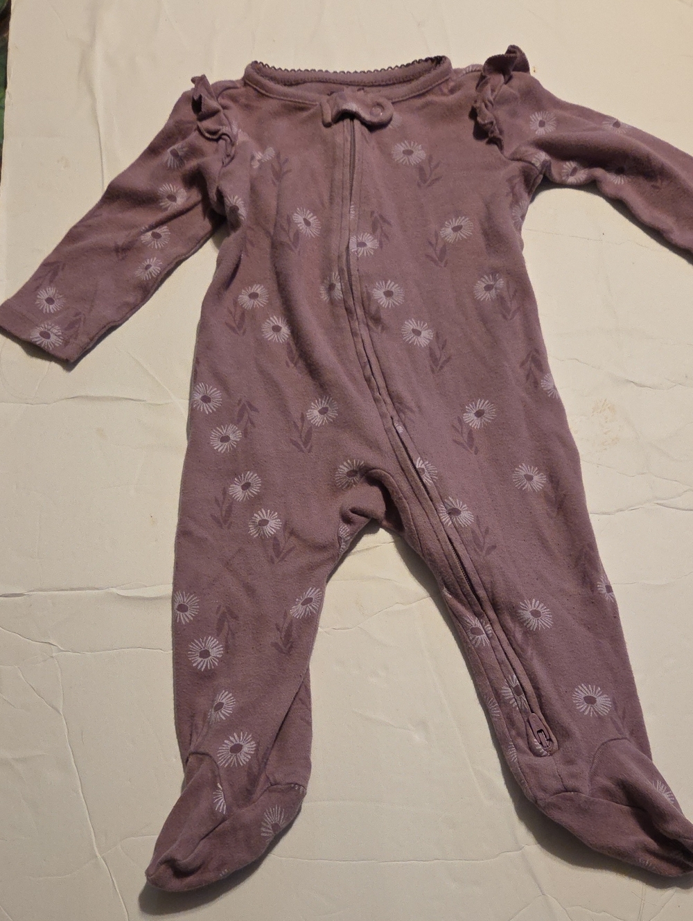 Carter's Mauve Floral Ruffle Shoulder Footed One-Piece